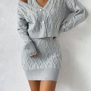 Heather Grey Cable Knit Cardigan & Sweater Dress Size 4 Small by SHEIN